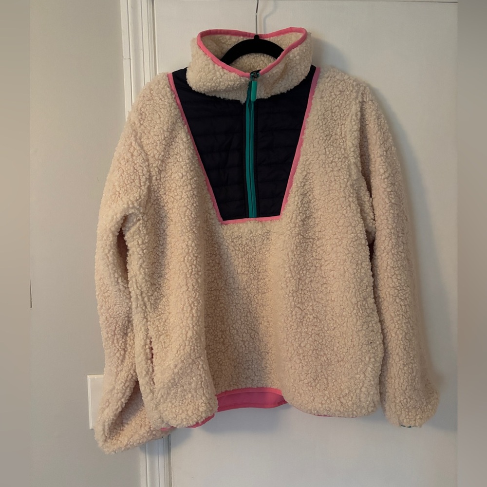 Addison Bay Cream Sherpa Pullover with Black Chest Panel and Pink Trim